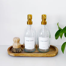 Load image into Gallery viewer, Set Of 2 Clear Bottles - Glass Or Plastic - Hand Soap & Dish Soap - Gold Metal Pumps