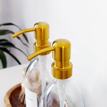 Load image into Gallery viewer, Set Of 2 Clear Bottles - Glass Or Plastic - Hand Soap & Dish Soap - Gold Metal Pumps