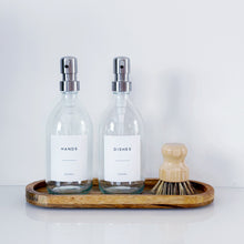 Load image into Gallery viewer, Set Of 2 Clear Bottles - Glass Or Plastic - Hands & Dishes - Silver Metal Pumps