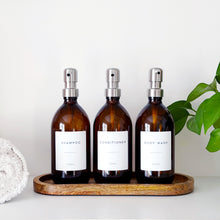 Load image into Gallery viewer, Set Of 3 Amber Bottles - Glass Or Plastic - Shampoo, Conditioner & Body Wash - Silver Metal Pumps