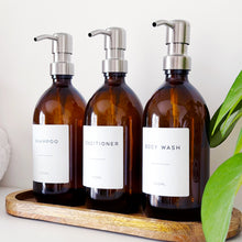 Load image into Gallery viewer, Set Of 3 Amber Bottles - Glass Or Plastic - Shampoo, Conditioner & Body Wash - Silver Metal Pumps