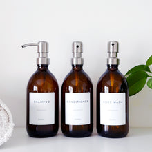 Load image into Gallery viewer, Set Of 3 Amber Bottles - Glass Or Plastic - Shampoo, Conditioner & Body Wash - Silver Metal Pumps