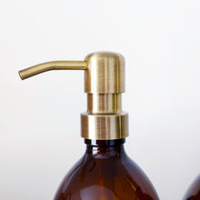 Load image into Gallery viewer, Set Of 3 Amber Bottles - Glass Or Plastic - Shampoo, Conditioner & Body Wash - Brushed Gold Metal Pumps