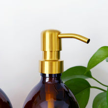 Load image into Gallery viewer, Set Of 3 Amber Bottles - Glass Or Plastic - Shampoo, Conditioner & Body Wash - Gold Metal Pumps