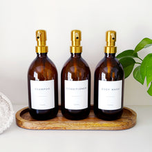 Load image into Gallery viewer, Set Of 3 Amber Bottles - Glass Or Plastic - Shampoo, Conditioner & Body Wash - Gold Metal Pumps