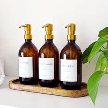 Load image into Gallery viewer, Set Of 3 Amber Bottles - Glass Or Plastic - Shampoo, Conditioner & Body Wash - Gold Metal Pumps