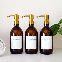 Load image into Gallery viewer, Set Of 3 Amber Bottles - Glass Or Plastic - Shampoo, Conditioner & Body Wash - Gold Metal Pumps