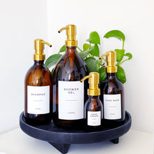 Load image into Gallery viewer, Amber Glass Or Plastic Dispenser Bottle With Personalised Label & Gold Metal Pump