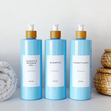 Load image into Gallery viewer, Blue Plastic Dispenser Bottle With White Personalised Label And Bamboo Pump