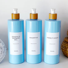 Load image into Gallery viewer, Blue Plastic Dispenser Bottle With White Personalised Label And Bamboo Pump