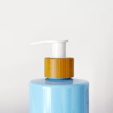 Load image into Gallery viewer, Blue Plastic Dispenser Bottle With White Personalised Label And Bamboo Pump