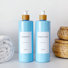 Load image into Gallery viewer, Blue Plastic Dispenser Bottle With White Personalised Label And Bamboo Pump