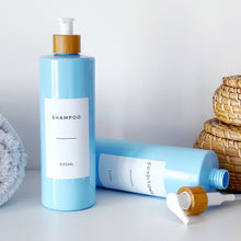 Load image into Gallery viewer, Blue Plastic Dispenser Bottle With White Personalised Label And Bamboo Pump