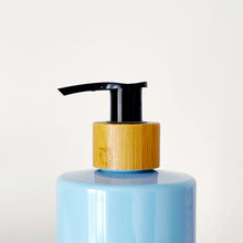 Load image into Gallery viewer, Blue Plastic Dispenser Bottle With White Personalised Label And Bamboo Pump