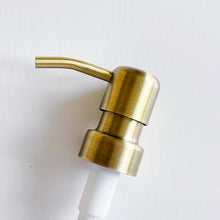 Load image into Gallery viewer, Amber Glass Or Plastic Dispenser Bottle With Stamped Personalised Label And Light Brushed Gold Metal Pump