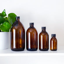 Load image into Gallery viewer, Amber Glass Or Plastic Bottle With Black Metal Screw Lid