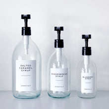 Load image into Gallery viewer, Clear Glass Syrup Dispenser Bottle With White Personalised Label And Plastic Pump