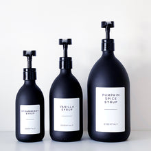 Load image into Gallery viewer, Matt Black Glass Syrup Dispenser Bottle With White Personalised Label And Plastic Pump