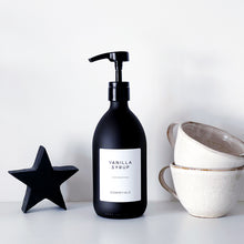 Load image into Gallery viewer, Matt Black Glass Syrup Dispenser Bottle With White Personalised Label And Plastic Pump