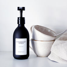Load image into Gallery viewer, Matt Black Glass Syrup Dispenser Bottle With White Personalised Label And Plastic Pump