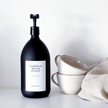 Load image into Gallery viewer, Matt Black Glass Syrup Dispenser Bottle With White Personalised Label And Plastic Pump