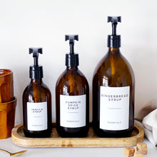 Load image into Gallery viewer, Amber Glass Syrup Dispenser Bottle With White Personalised Label And Plastic Pump
