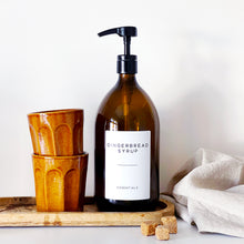 Load image into Gallery viewer, Amber Glass Syrup Dispenser Bottle With White Personalised Label And Plastic Pump