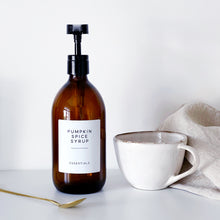 Load image into Gallery viewer, Amber Glass Syrup Dispenser Bottle With White Personalised Label And Plastic Pump