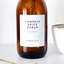 Load image into Gallery viewer, Amber Glass Syrup Dispenser Bottle With White Personalised Label And Plastic Pump