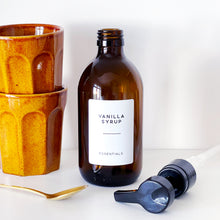 Load image into Gallery viewer, Amber Glass Syrup Dispenser Bottle With White Personalised Label And Plastic Pump