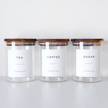 Load image into Gallery viewer, Set Of 3 Glass & Acacia Jars - Tea, Coffee & Sugar