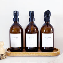 Load image into Gallery viewer, Set Of 3 Amber Bottles - Glass Or Plastic - Hands, Dishes And Surfaces - Metal Pump Dispensers & Trigger Spray