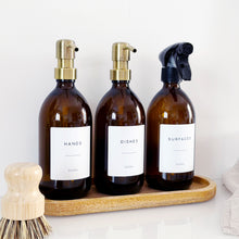 Load image into Gallery viewer, Set Of 3 Amber Bottles - Glass Or Plastic - Hands, Dishes And Surfaces - Metal Pump Dispensers & Trigger Spray