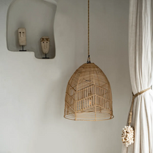 Load image into Gallery viewer, The Bala scandi style rattan light shade hanging in a minimalist interior