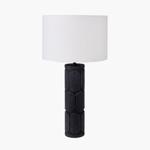 Load image into Gallery viewer, Aurelia black mango wood table lamp base with a white linen shade.