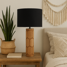 Load image into Gallery viewer, Aurelia natural mango wood table lamp base with a black linen fabric drum shade. Perfect for a boho home.