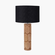Load image into Gallery viewer, Aurelia natural mango wood table lamp base with a black linen fabric drum shade.