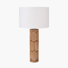 Load image into Gallery viewer, Aurelia natural mango wood table lamp base with a white linen fabric drum shade.