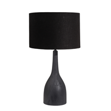 Load image into Gallery viewer, Corella tall black mango wood table lamp with a black linen fabric drum lampshade.