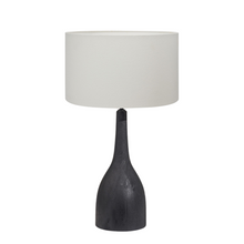 Load image into Gallery viewer, Corella tall black mango wood table lamp with a white linen fabric drum lampshade.