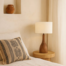 Load image into Gallery viewer, Corella dark chocolate mango wood table lamp base with white linen fabric shade.