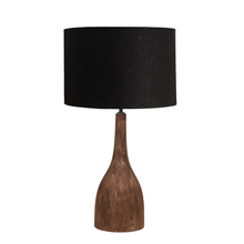Load image into Gallery viewer, Corella dark chocolate mango wood table lamp base with black linen fabric shade.