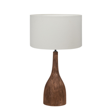 Load image into Gallery viewer, Corella dark chocolate mango wood table lamp base with white linen fabric shade.