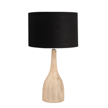 Load image into Gallery viewer, Corella mango wood tall table lamp base with black linen fabric shade, perfect lighting for any scandi minimalist rooms in the home.