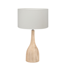 Load image into Gallery viewer, Corella mango wood tall table lamp base with white linen fabric shade, perfect lighting for any scandi minimalist rooms in the home.