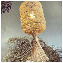 Load image into Gallery viewer, An upwards shot of the Dumpling woven rattan bohemian style pendant light shade