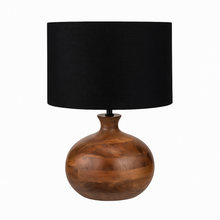 Load image into Gallery viewer, Kiah round dark mango wood table lamp base with black linen fabric drum shade.