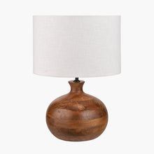 Load image into Gallery viewer, Kiah round dark mango wood table lamp base with white linen fabric drum shade.
