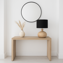 Load image into Gallery viewer, Kiah round natural mango wood table lamp base with black linen fabric drum shade.