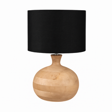 Load image into Gallery viewer, Kiah round natural mango wood table lamp base with black linen fabric drum shade.